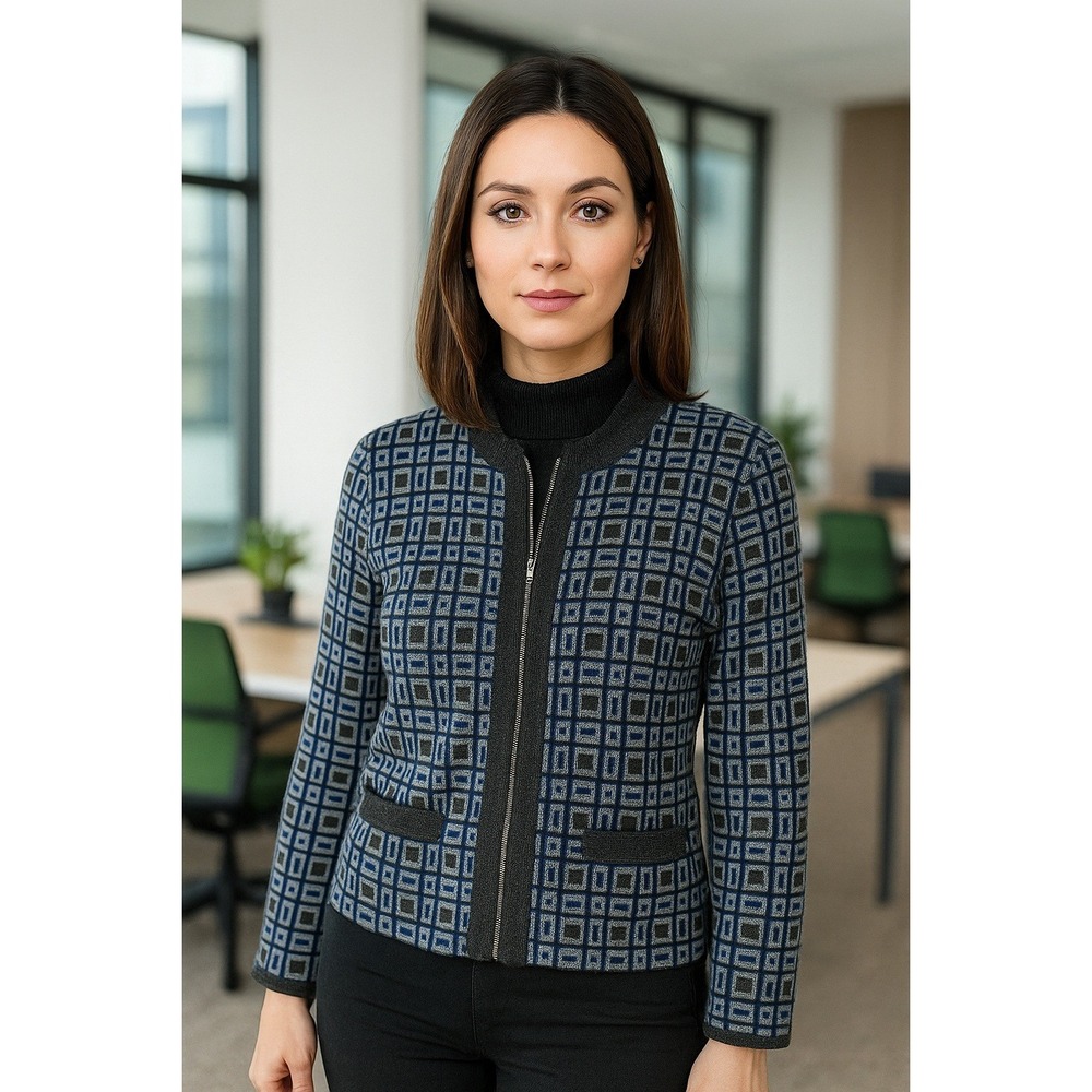 Outlander Top Womens Medium Blue Geometric Wool‎ Blend Full Front Zip Pockets